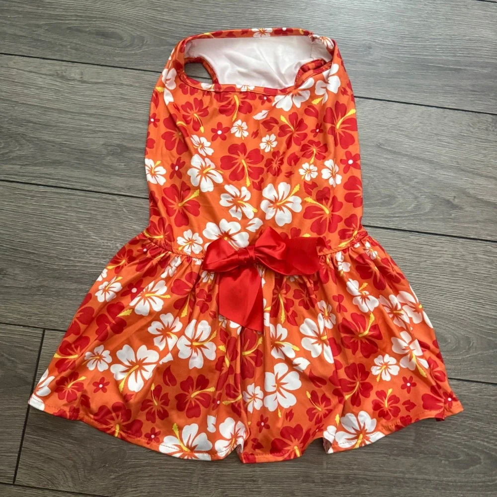 Orange Hibiscus Floral Dog Dress Tropical Pet Summer Clothes with Red Bow